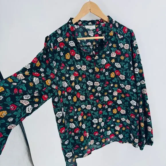 LOFT Black Dark Floral Feminine Romantic Office Modest Top Size XL - Picture 6 of 7